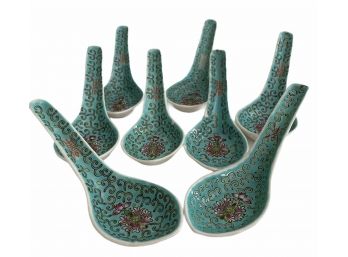 8 Porcelain Turquoise Chinese Soup Spoons