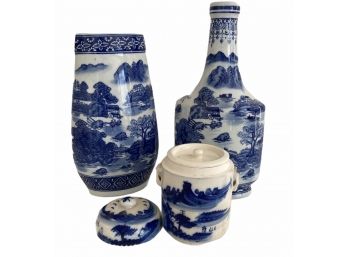 Porcelain Blue & White Chinese Vases + Covered Jar