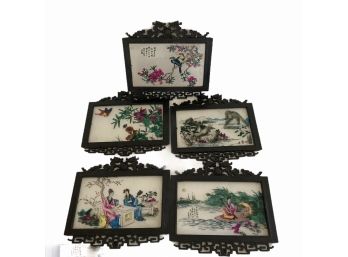 Set Of 5 (A) Handpainted Chinese Scenes On Glass