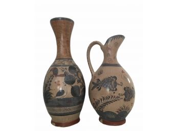 Pair Of Signed Mexican Folk Art  Pottery Vase & Pitcher