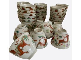Huge  Vintage Lot Of 43 China Dragon Teacups