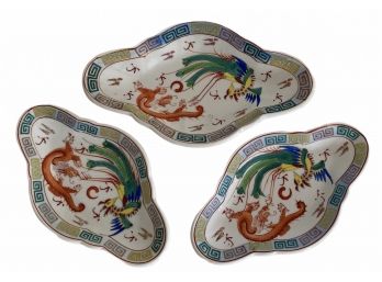 Trio Of Vintage Dragon & Phoenix Oval Porcelain Serving Dishes