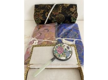 Three New Chinese Silk  Embroiderd Jewely Rolls + Jade Handlsd Pocket Mirror