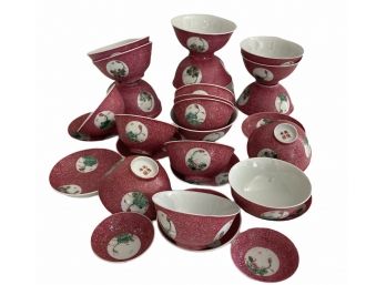 Huge Lot Vintage Chinese Porcelain Teacups, Rice Bowls & Saucers - Flower Pattern