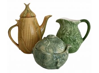 Vintage Ceramic Lot-  Cabbage Pitcher And Covered Bowl + A Corn Coffeepot!