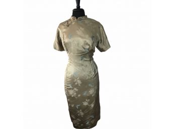 Beige Chinese Silky Dress With Light Blue Butterflies. - 60’s Truly One Of A Kind.