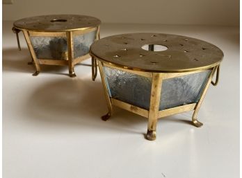 Pair Of Vintage Brass And Glass Warming Trays