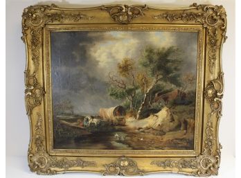 Large Antique Country Scene Oil Painting Unsigned In Great Frame