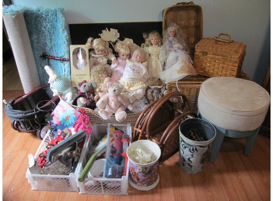 Huge Lot Of Baby Dolls, House Decor, Baskets, And More
