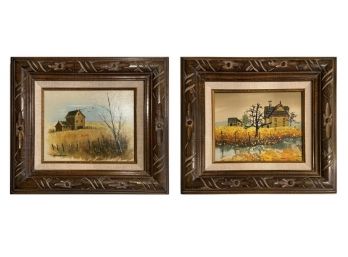 Pair Of Signed Vintage Rural Scene Paintings In Carved Frames