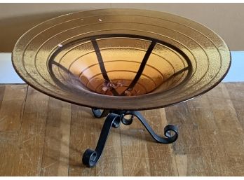 Lovely Amber Glass Bowl On A Wrought Irn Stand