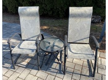 Two Outdoor Patio Chairs & A Small Round Outdoor Side Table