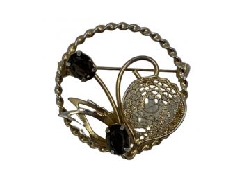 Vintage Floral & Smokey Quartz Brooch