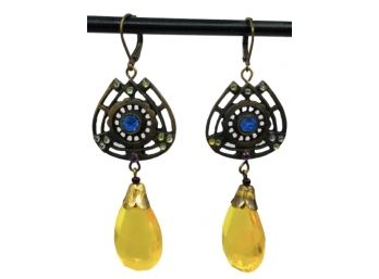 Czech Art Nouveau Blue And Yellow Glass Drop Earrings