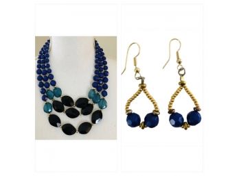 Black And Blue Collar Necklace & Matching Earrings