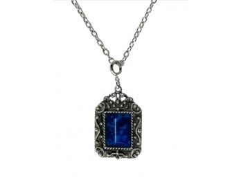 Navy Blue Stone And Silver Square Pendant Necklace