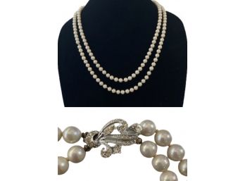 Classy Dual-Strand Pearl Necklace W Crystal Clasp