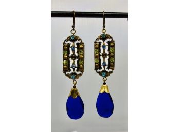 Gorgeous Rectangular Art Nouveau Earrings With Blue Glass Drops