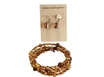 Amber & Sterling Earrings W Coil Bracelet