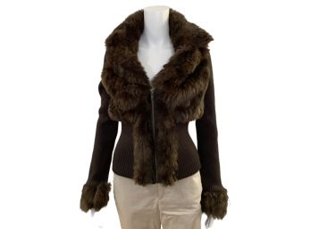 Faux Fur Knit Zip-Front Jacket, Size Medium