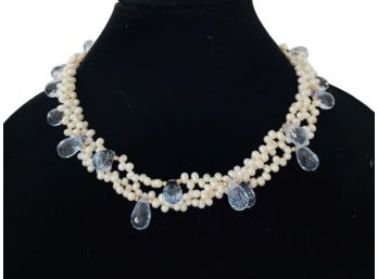 10K Cultured Pearl & Aquamarine Collar Necklace