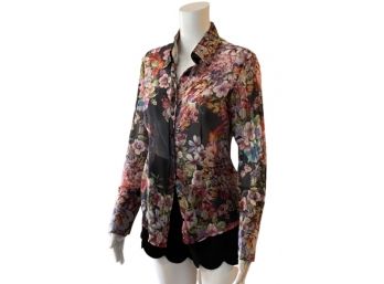 Floral Semi-Sheer Button Front Top, Size Small