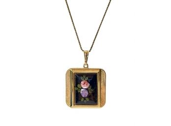 Enameled Pink & Purple Flower Pendant Necklace