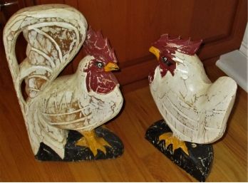 Pair Of Wood Carved Roosters