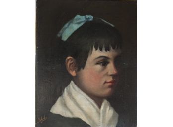 (19th C) PORTRAIT Of A YOUNG GIRL Wearing A Blue Ribbon (Probably Newburyport)