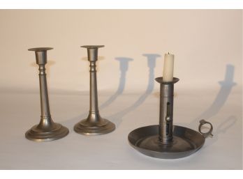 (3) PEWTER LAMPS Including PUSH-UP CHAMBERSTICK & PAIR Of CANDLESTICKS