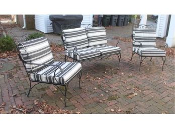 (3) PIECE WROUGHT IRON PATIO FURNITURE INCLUDING (2) ARMCHAIRS AND A LOVE SEAT