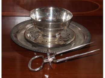 SILVER PLATED PAUL REVERE BOWL, TRAY, TRIVOT AND ROAST HOLDER