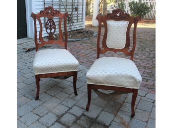 (2)  RESTORED ANTIQUE CARVED AND PIERCED UPHOLSTERED SIDE CHAIRS Circa 1910