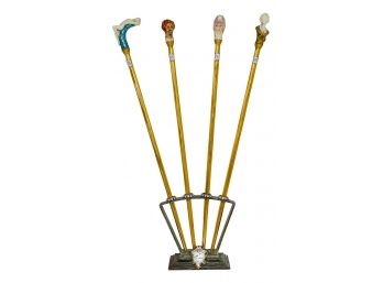 Signed Antique Tiche Italian Porcelain And Brass Walking Stick Set With Rack