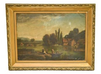 Antique Oil On Canvas Painting Of A Water Scene