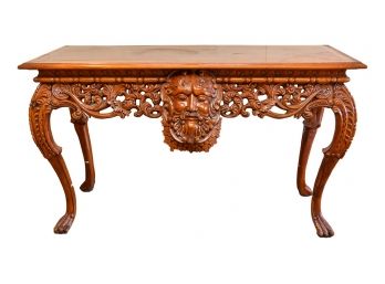 Beautifully Crafted Carved Wood Console Table With Face And Paw Feet