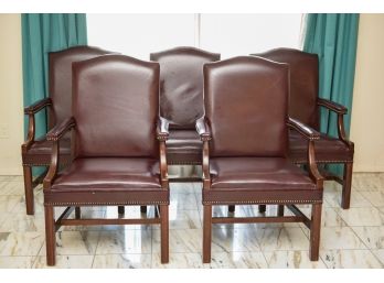 Set Of Six (one Not Pictured) Miller Desk Heritage Burgundy Leather Chairs With Brass Nailhead Trim