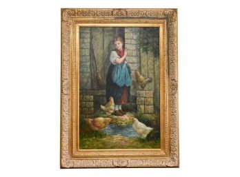 Signed Richard Moore Oil On Canvas Painting Of A Girl With Chickens