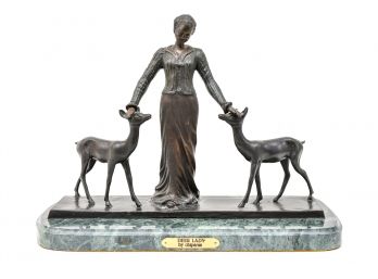 Signed Demetre Chiparus (Romanian  French, 1886-1947) 'Deer Lady' Bronze Sculpture On Marble Base