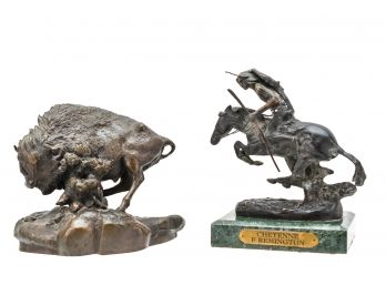 Chapel Bronze Buffalo Sculpture Thunder On The Plains 1981 And F. Remington Bronze Sculpture 'Cheyenne' 1980