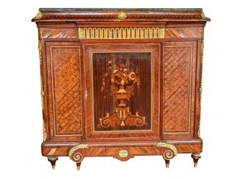 Burl Wood Marquetry And Parquetry Commode With Marble Top And Gilt-Bronze Mounts