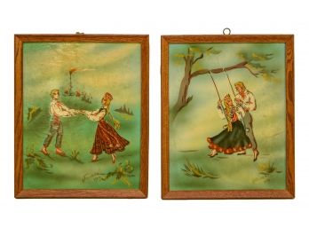 Pair Of Signed Anna Freivalds Mid-Century (1959) Latvian Folk Art Paintings