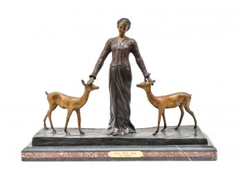 Demetre Chiparus (Romanian  French, 1886-1947) 'Lady With Deer' Bronze Sculpture On Marble Base