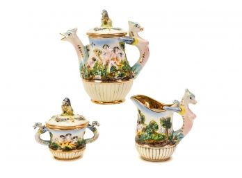 Capodimonte Italian Mid-century 1950s Coffee Or Teapot, Creamer And Sugar Bowl