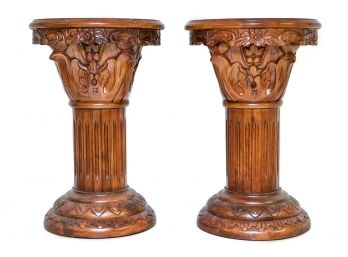 Pair Of Carved Wood Column Pedestals With Marble Inserts