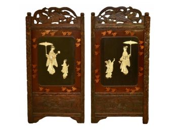 Pair Of Antique Carved Wood Lacquered Japanese Geisha Screen Panels