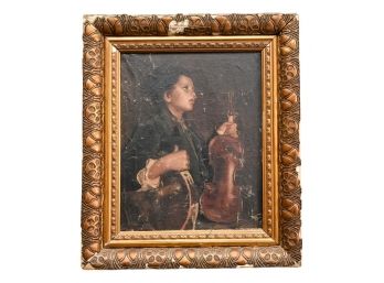 Antique Signed Oil On Canvas Portrait Of A Boy Playing A Violin