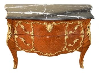 Antique French Marquetry Bombe Chest With Marble Top