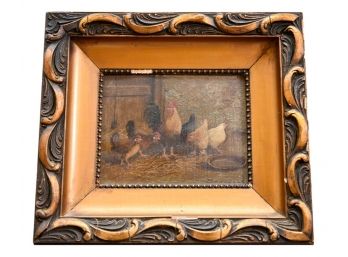 Signed Oil On Board Painting Of Chickens In A Carved Wooden Frame