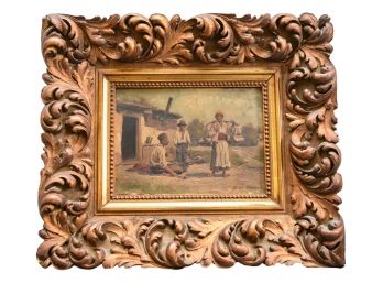 Signed (illegible) Oil On Board Painting In A Carved Wooden Frame